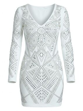 BEBE White and Gold Geometric Embellished mini dress